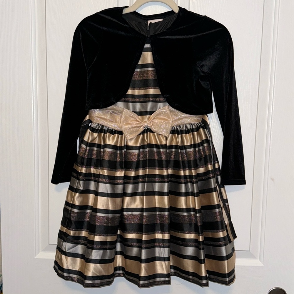 Iris & Ivy Girls Black Gold Stripe Dress Bolero Jacket‎ Set Sz 10